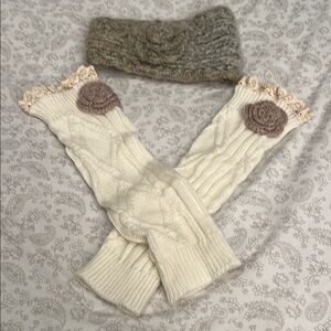 Cozy Knit Headband and Arm Warmers Set - Cream and Grey
